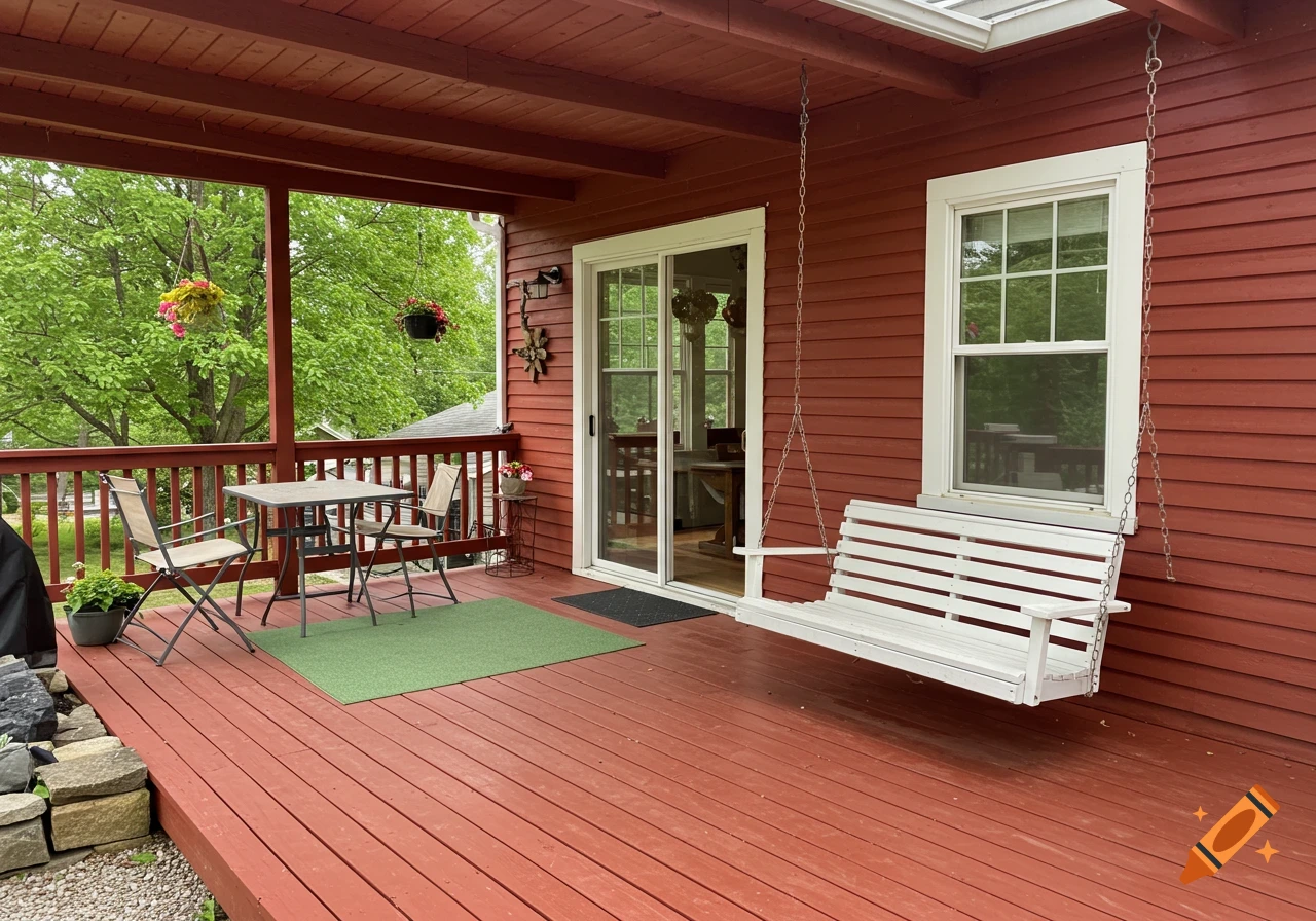 A red deck with a white swing, table, chairs, and plants, attached to a red house.