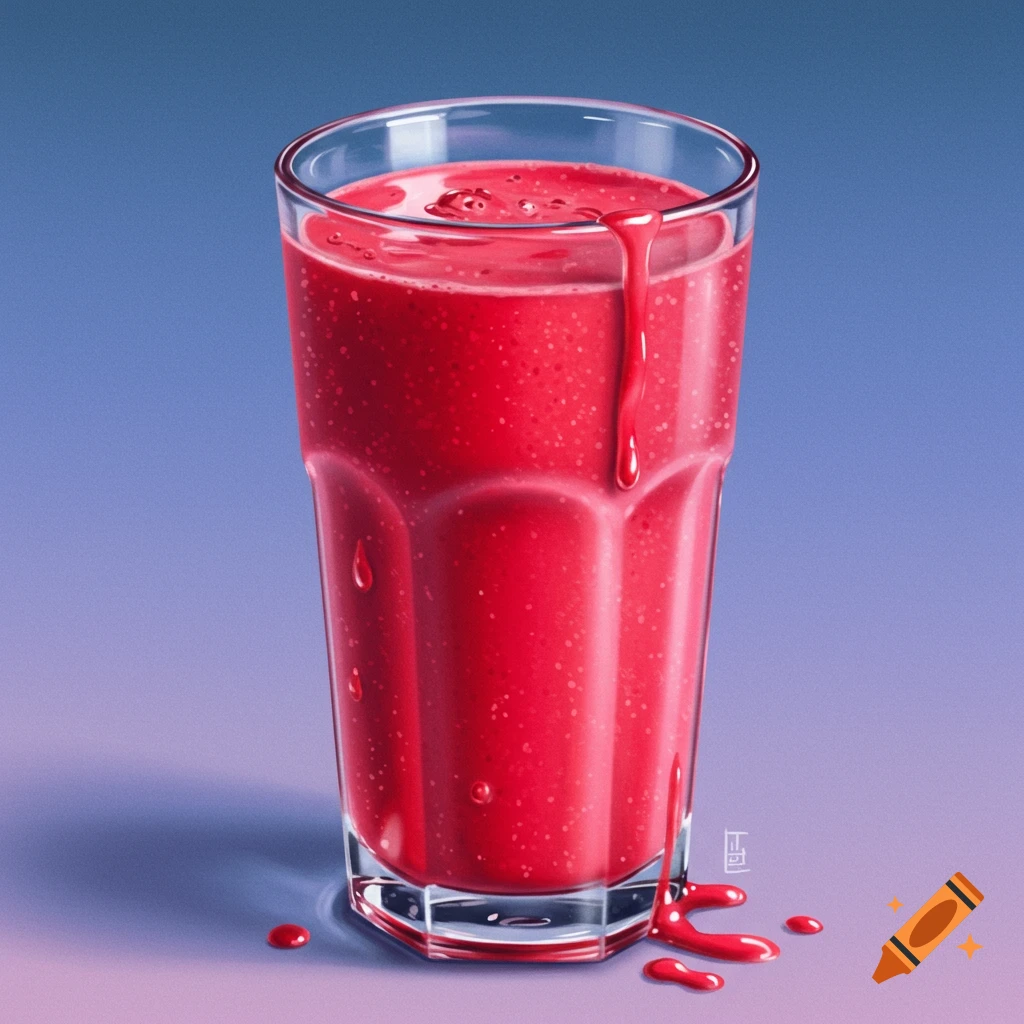 Illustration of a red milkshake in a glass with drips down the side and onto the surface
