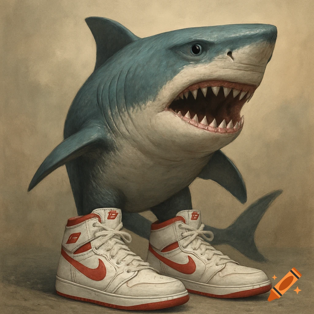 A shark wearing white and red high-top sneakers stands in a painterly style.