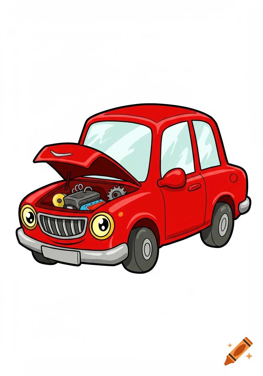 A red cartoon car with its hood open showing the engine.