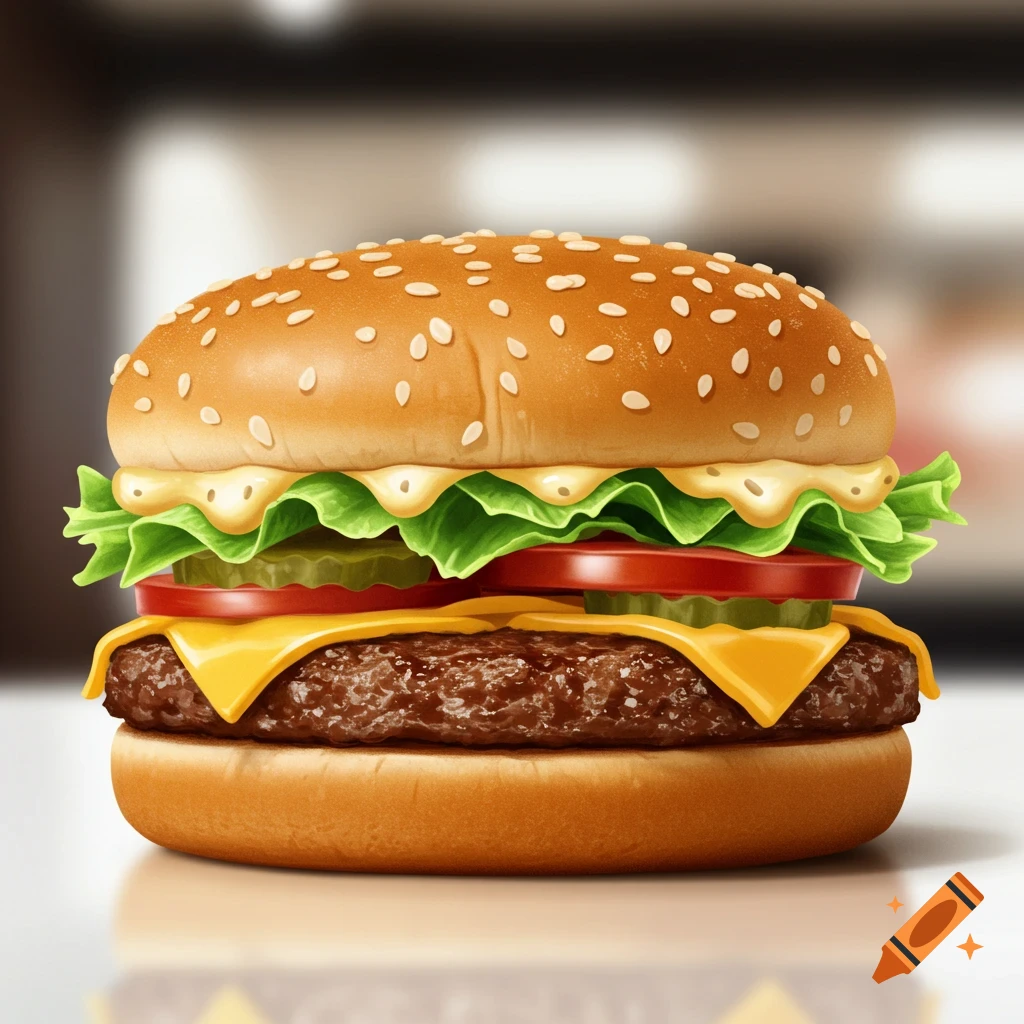 Close-up of a fully loaded burger with lettuce, tomato, cheese, and pickles.