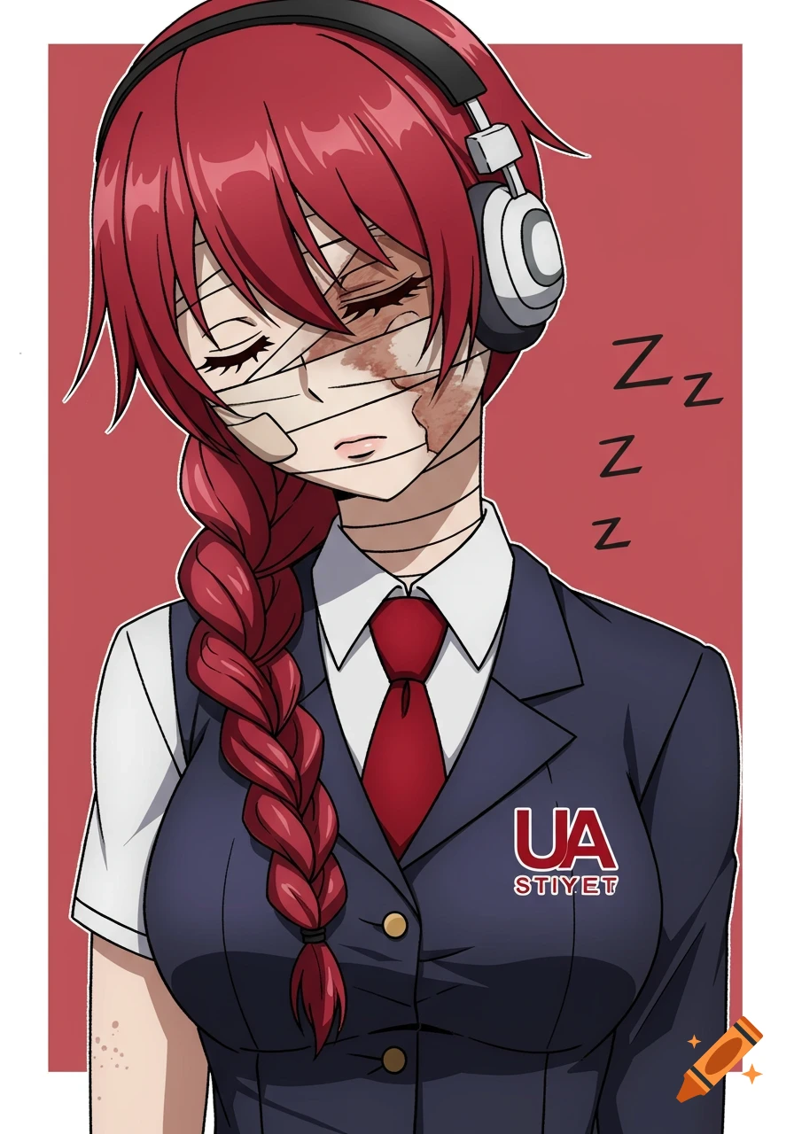 Anime drawing of a red-haired girl in a school uniform, sleeping with headphones and bandages on her face.