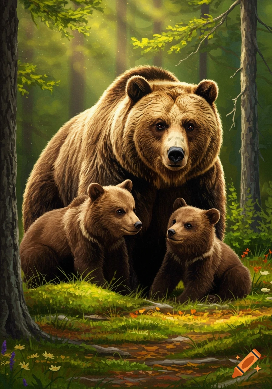 Mother bear with two cubs in a forest clearing.