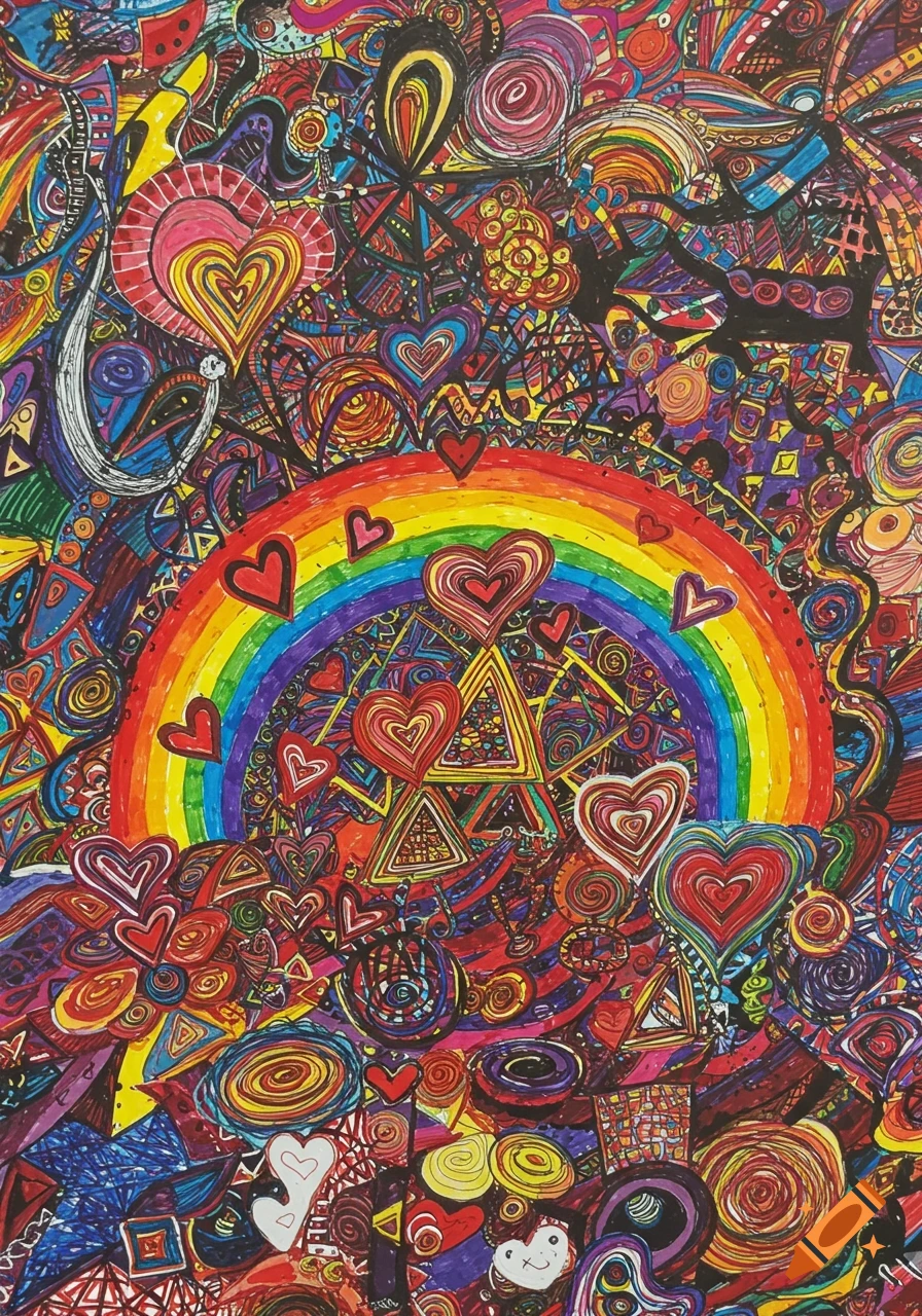 An abstract, colorful, scribbled drawing featuring a rainbow structure surrounded by many hearts and other shapes.
