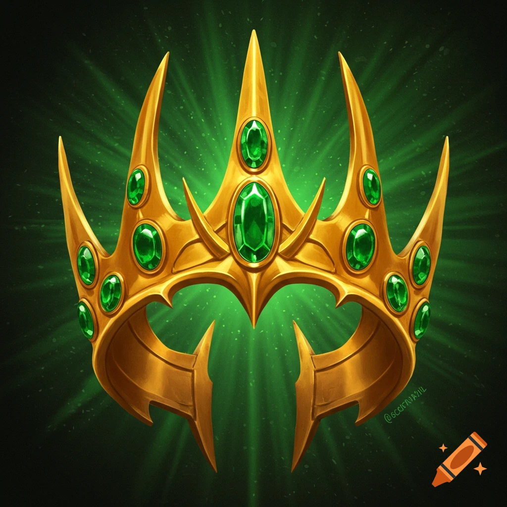 A golden fantasy crown with green emerald gems glowing on a dark background.