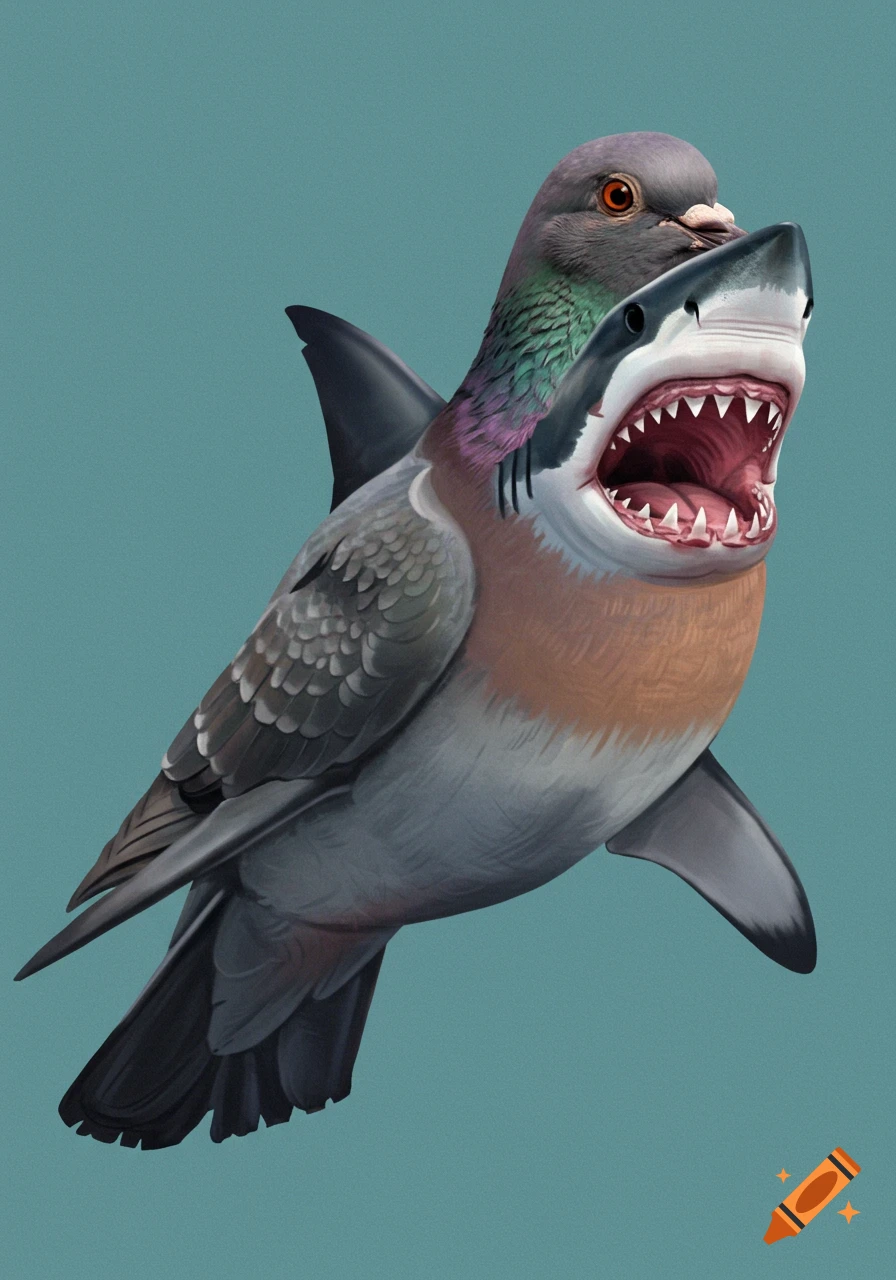 Digital illustration of a creature morphed from a pigeon and a shark.
