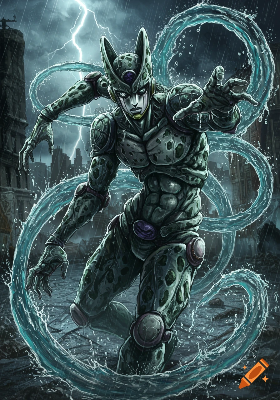 Cell from Dragon Ball Z standing in a ruined city in the rain with swirling water.