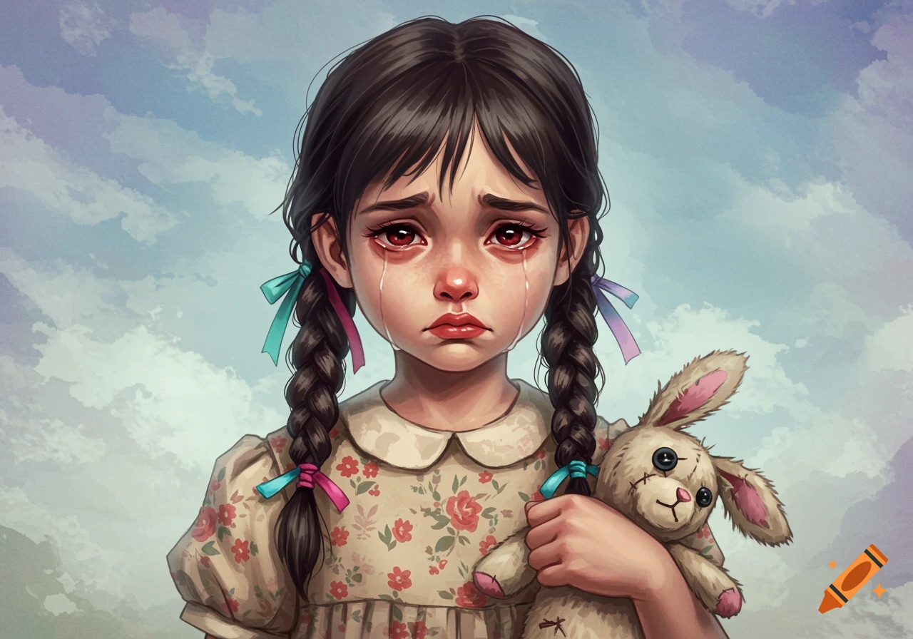 Illustration of a crying girl with braided hair holding a stuffed rabbit against a cloudy sky.