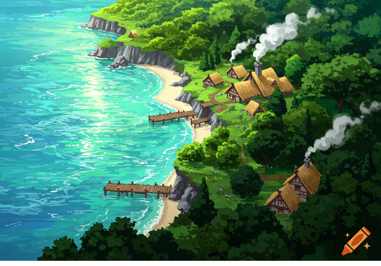 An illustration of a coastal village nestled between the ocean and a forest, with thatched-roof houses and wooden docks.