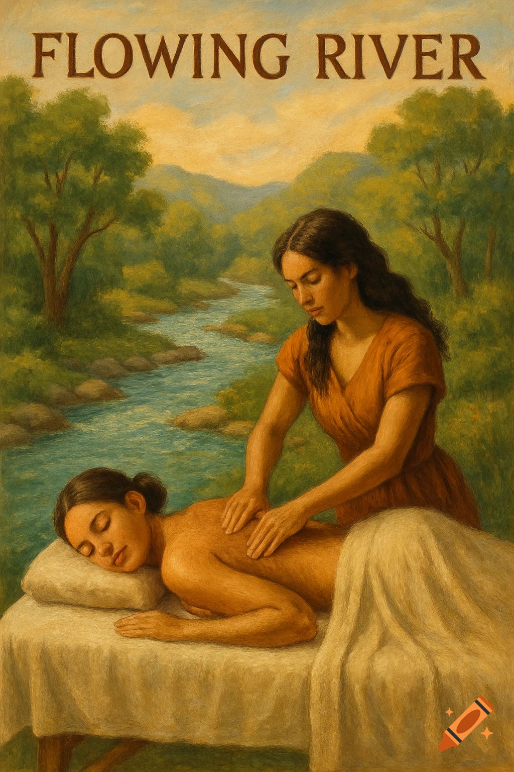 A woman gives another a massage by a flowing river in a painterly style.
