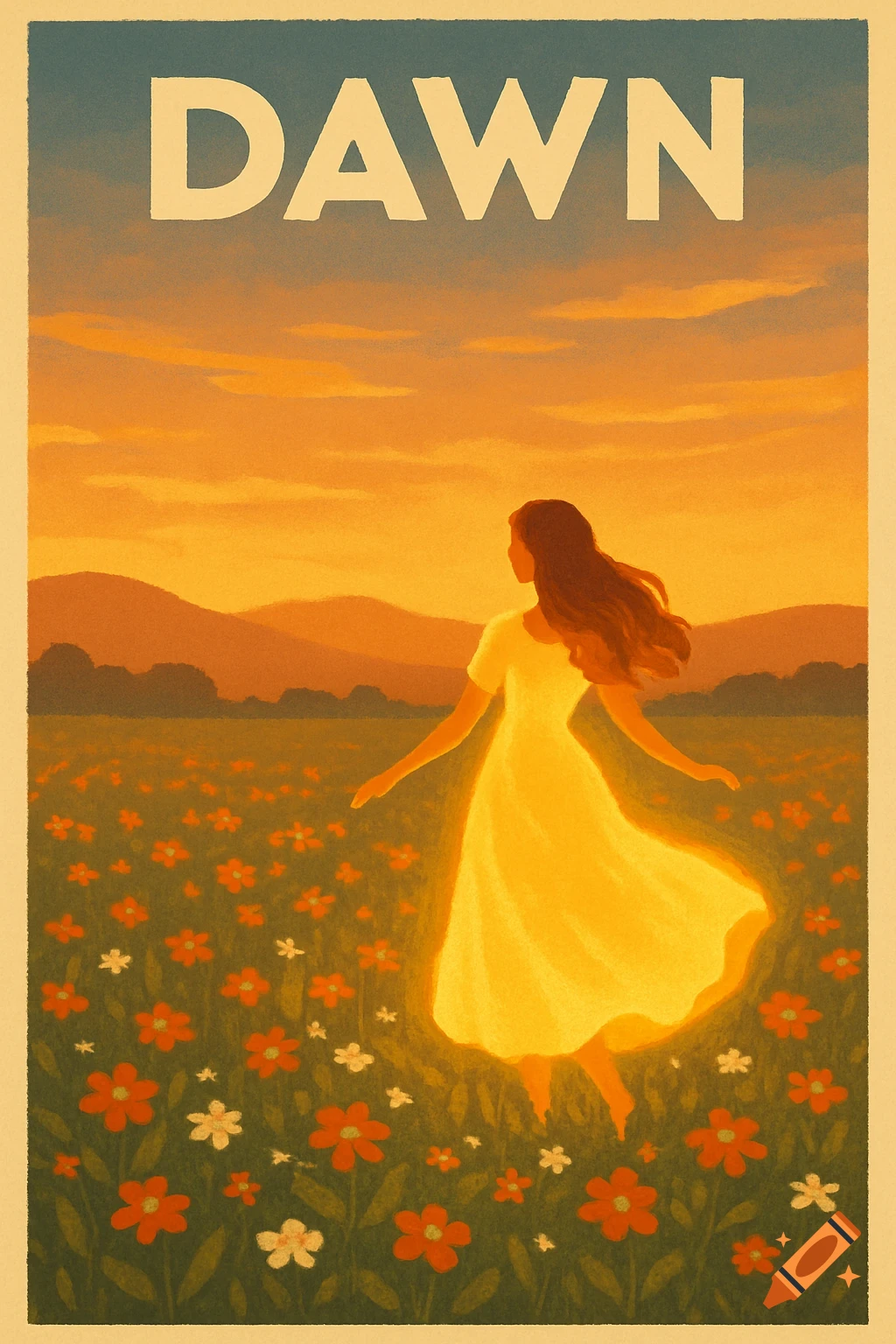 Woman in glowing yellow dress in a field of flowers at dawn, text reads "DAWN", travel poster style.