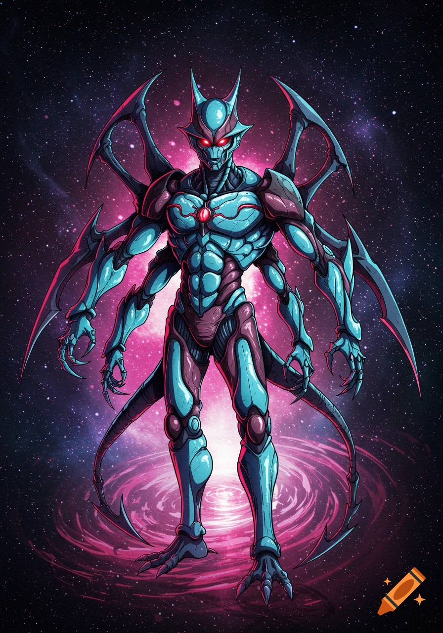 Blue armored alien creature with red eyes standing in space with pink galaxy background