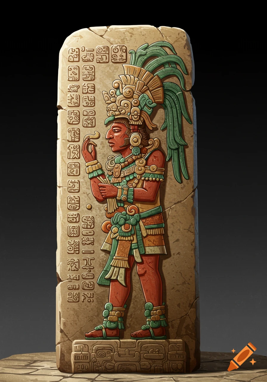 Colorful illustration of a Mayan figure carved on a stone stele.