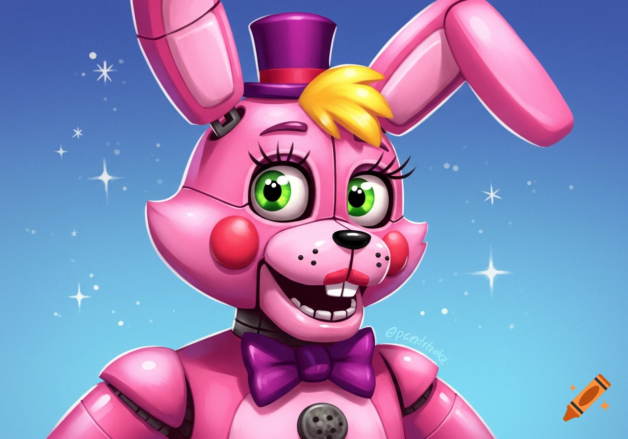 Pink animatronic bunny with purple top hat and bow tie, digital art