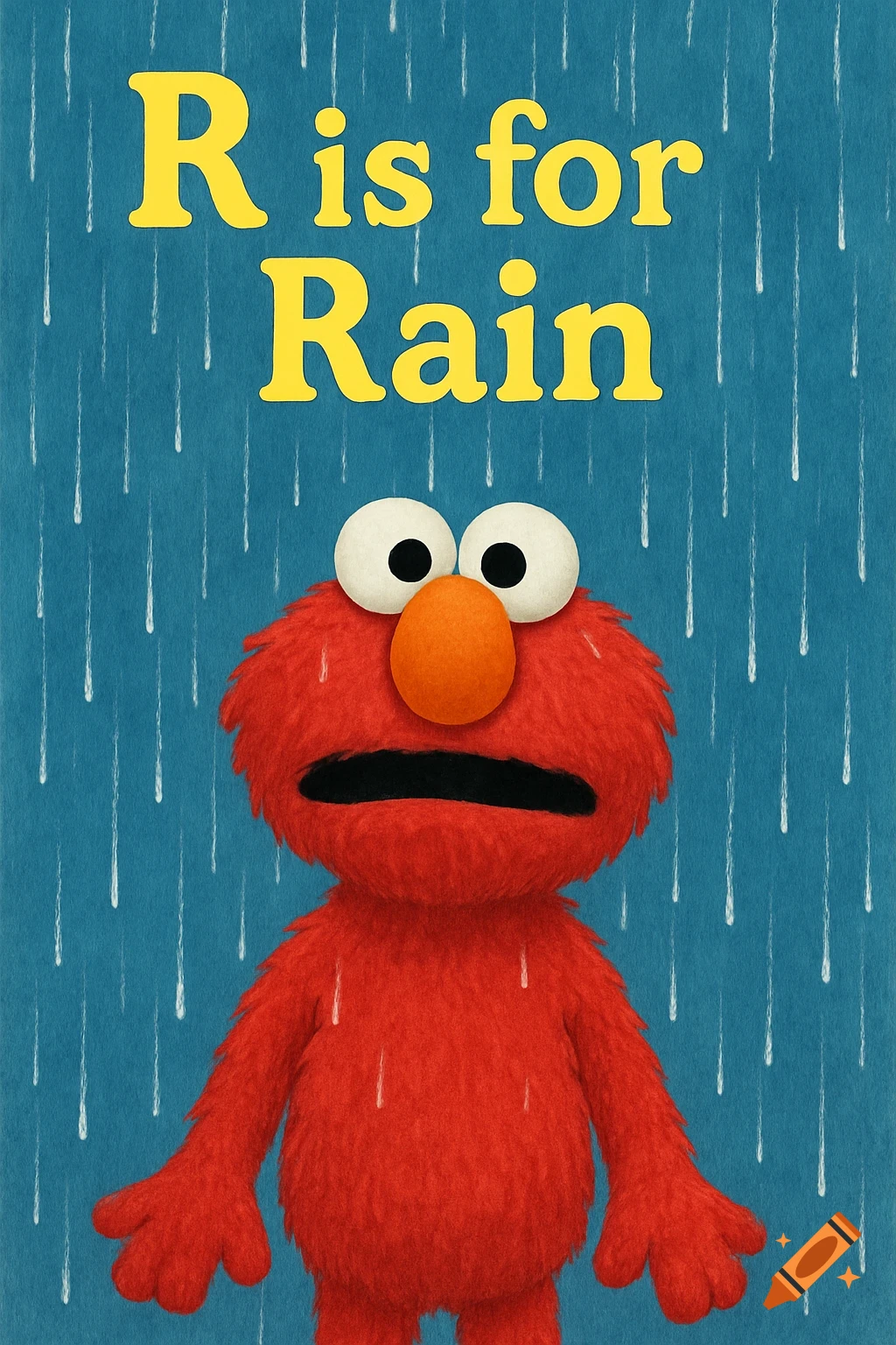 Elmo stands in the rain with 'R is for Rain' text above.