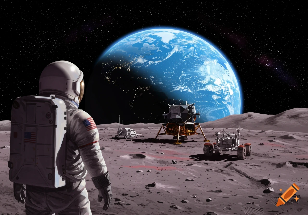 Astronaut on the moon looks at Earth next to a lunar lander and rover.