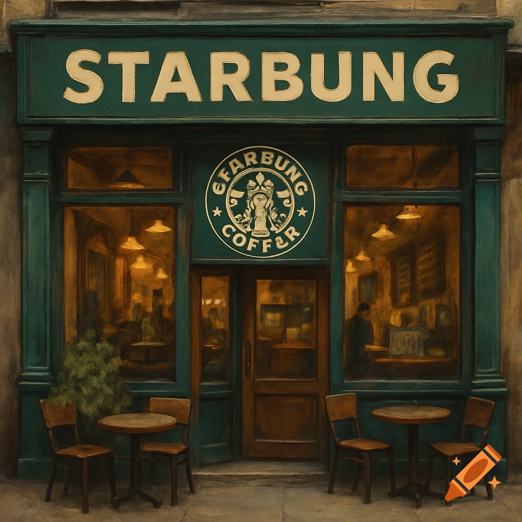 Painting of an offbrand coffee shop called STARBUNG with outdoor seating.