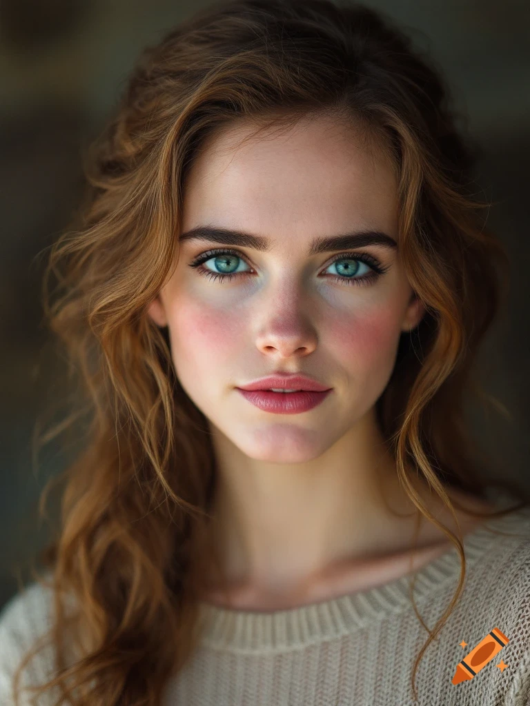 Realistic portrait of a woman with long brown hair and blue eyes wearing a sweater.