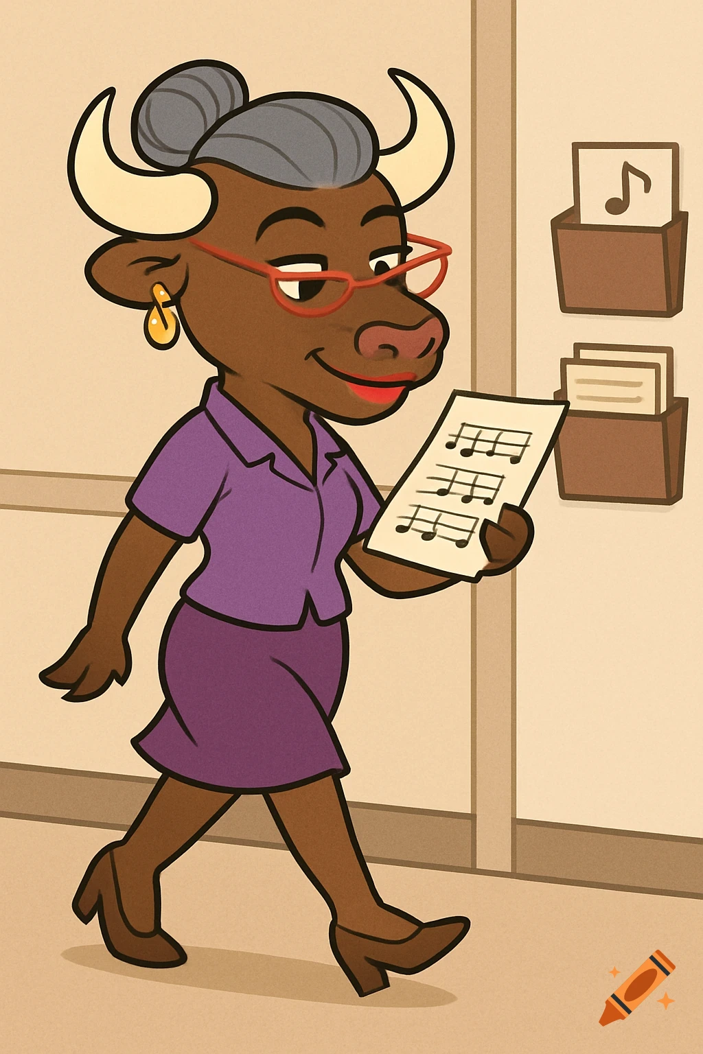Cartoon bison teacher with glasses walks down a hallway, holding music paper.