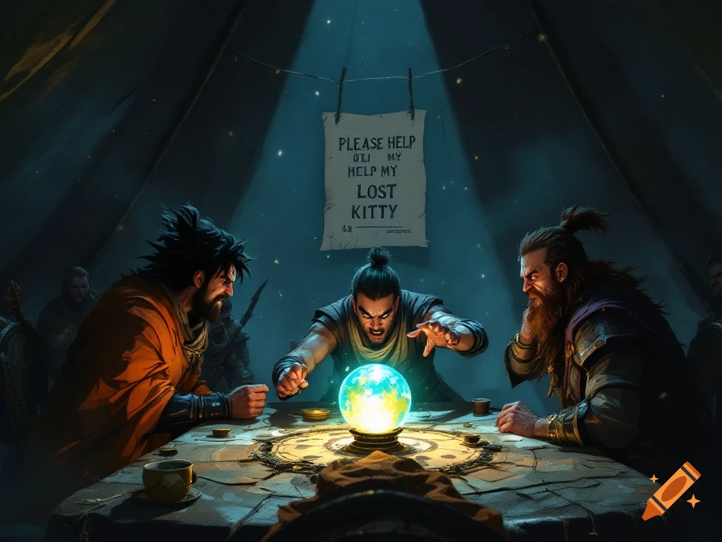 Fantasy characters around a glowing orb in a tent with a 'Lost Kitty' poster.