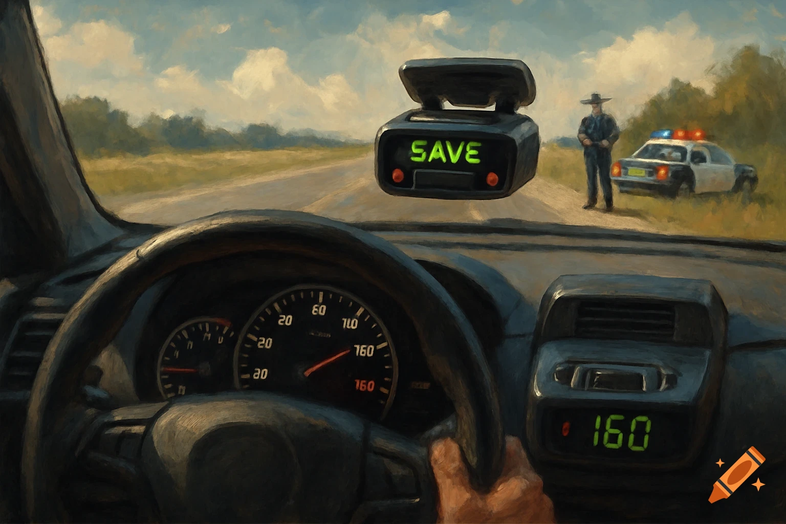 Painterly view from inside a car showing the dashboard, a radar detector saying SAVE, and a police officer and car down the road.