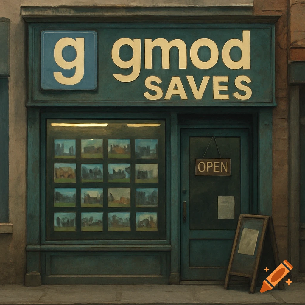 Shop facade with a sign reading 'g gmod SAVES' and 'OPEN' sign, in a painterly style.