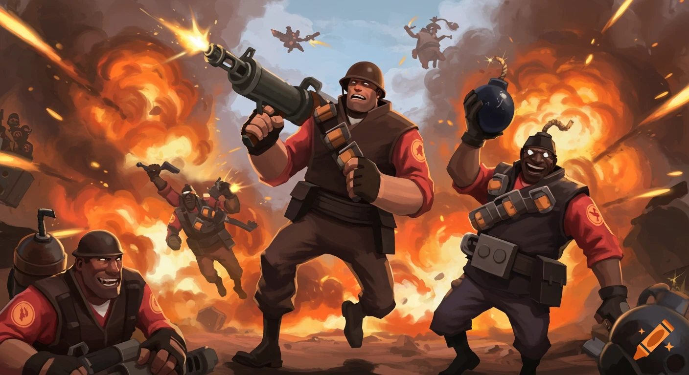 Stylized illustration of Team Fortress 2 characters fighting with explosions and weapons.