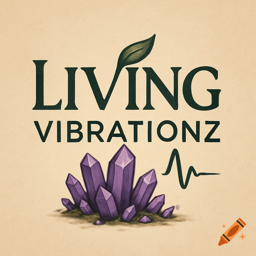 Logo with dark green text 'LIVING VIBRATIONZ', a leaf accent, purple crystals, and a waveform on a beige background.