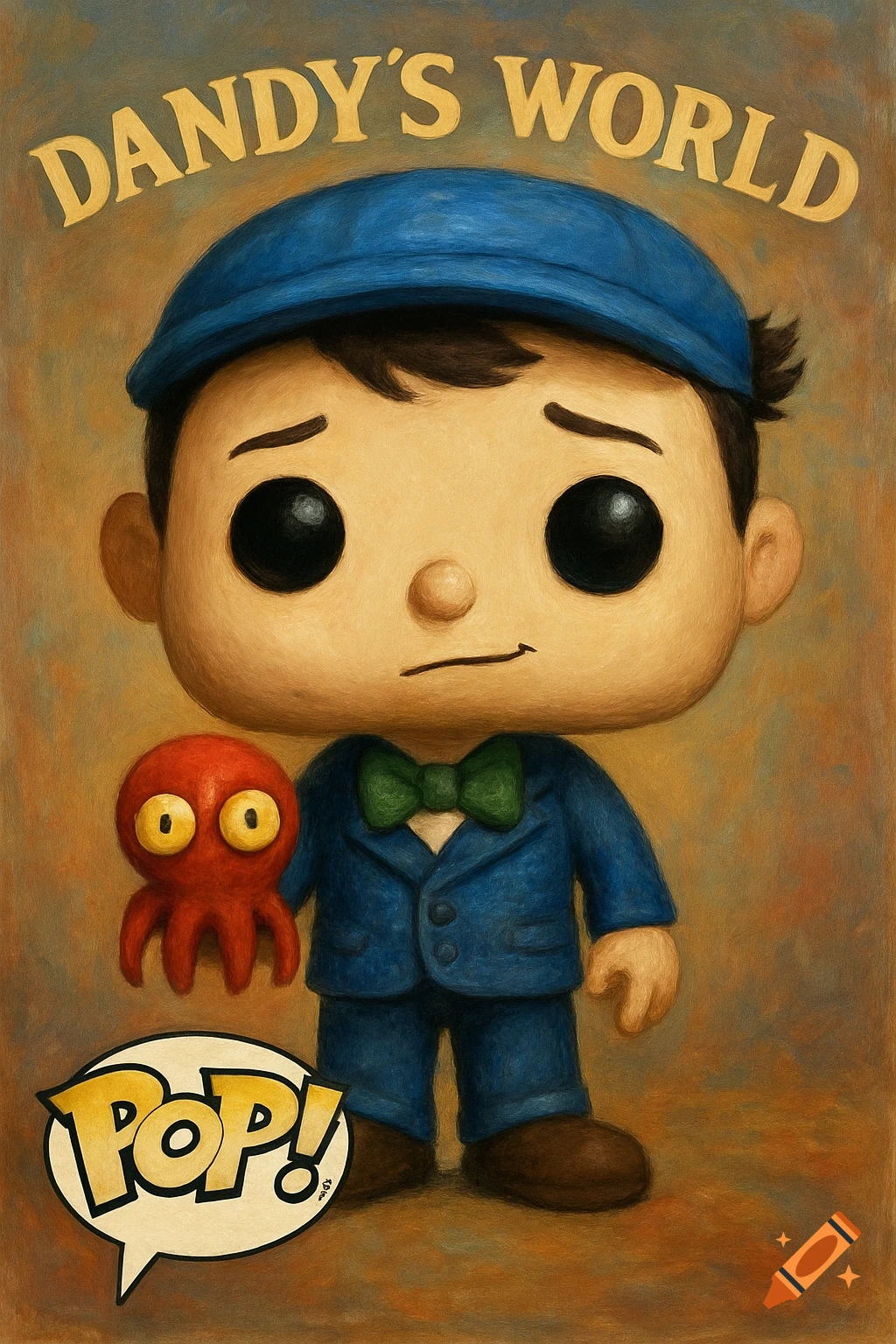 Painterly Funko Pop character holding a red octopus, with 'Dandy's World' and 'Pop!' text.