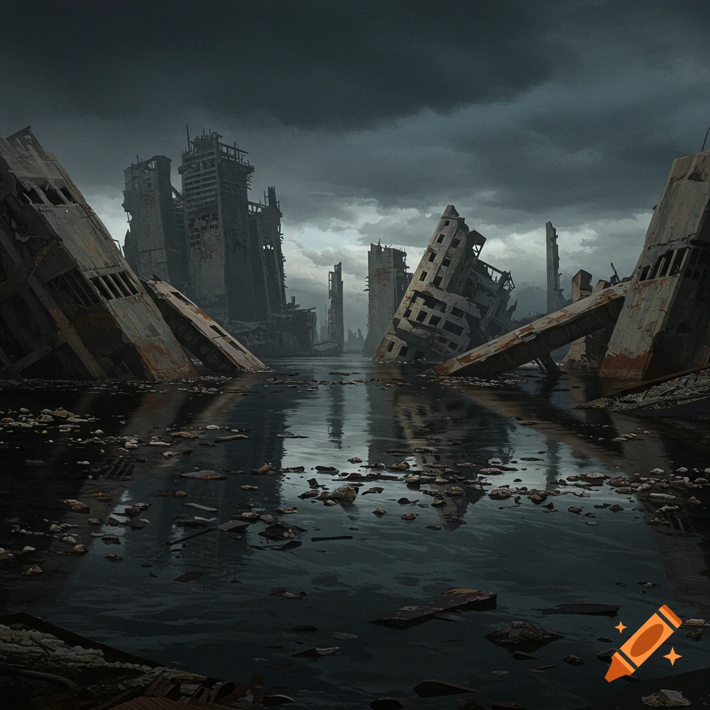 A ruined city submerged in dark water under a cloudy sky.