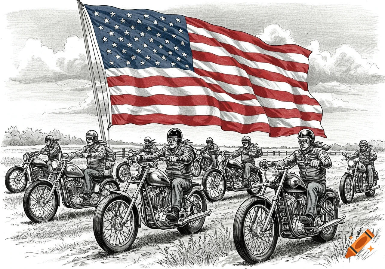 Black and white drawing of a group of motorcyclists riding with a large American flag waving behind them.