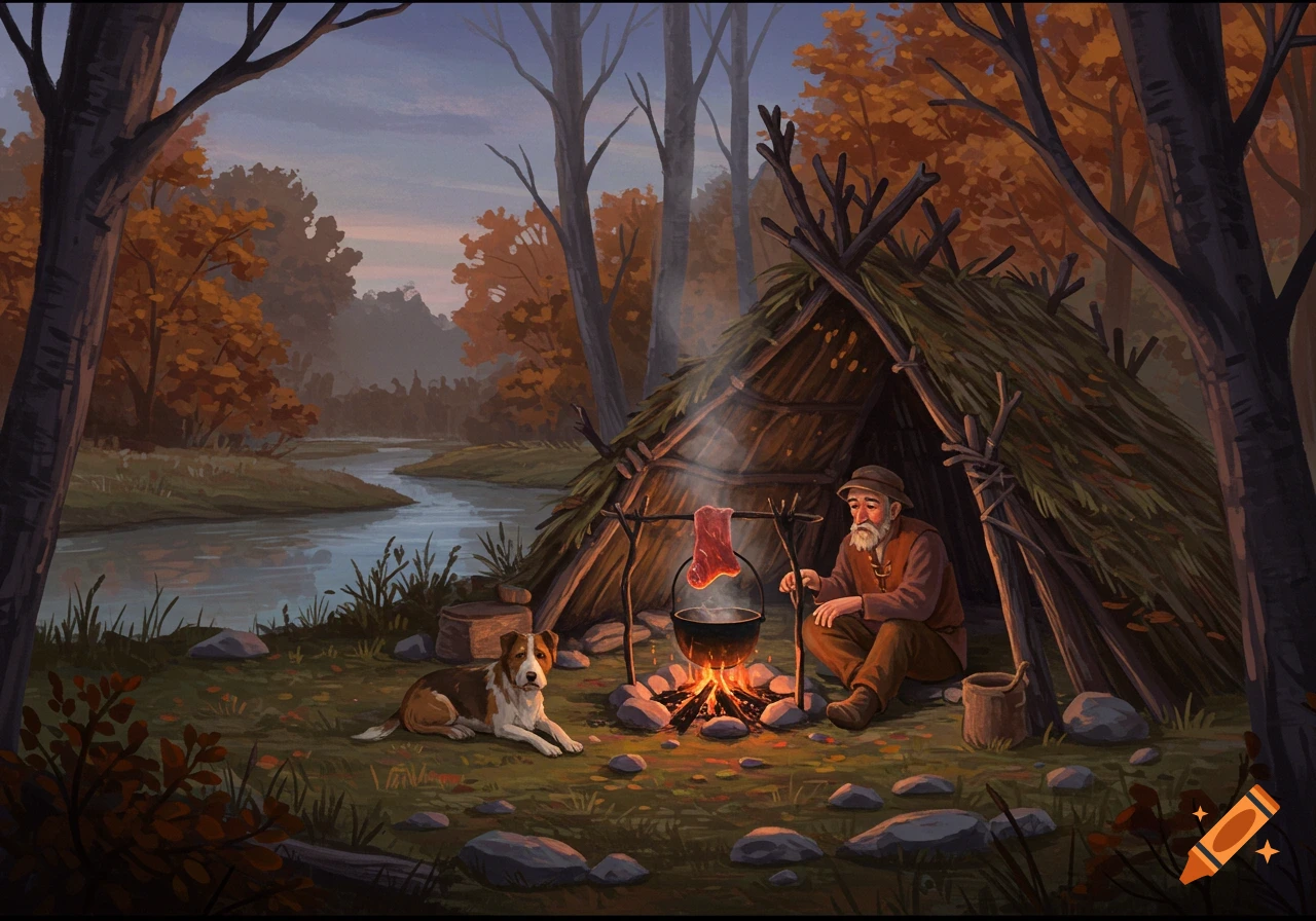 Old man and dog camp by fire near river in autumn forest, illustration