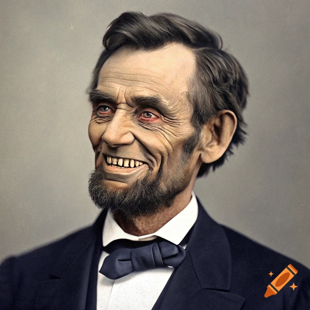 Close-up portrait of Abraham Lincoln with a distorted, menacing smile and red eyes.