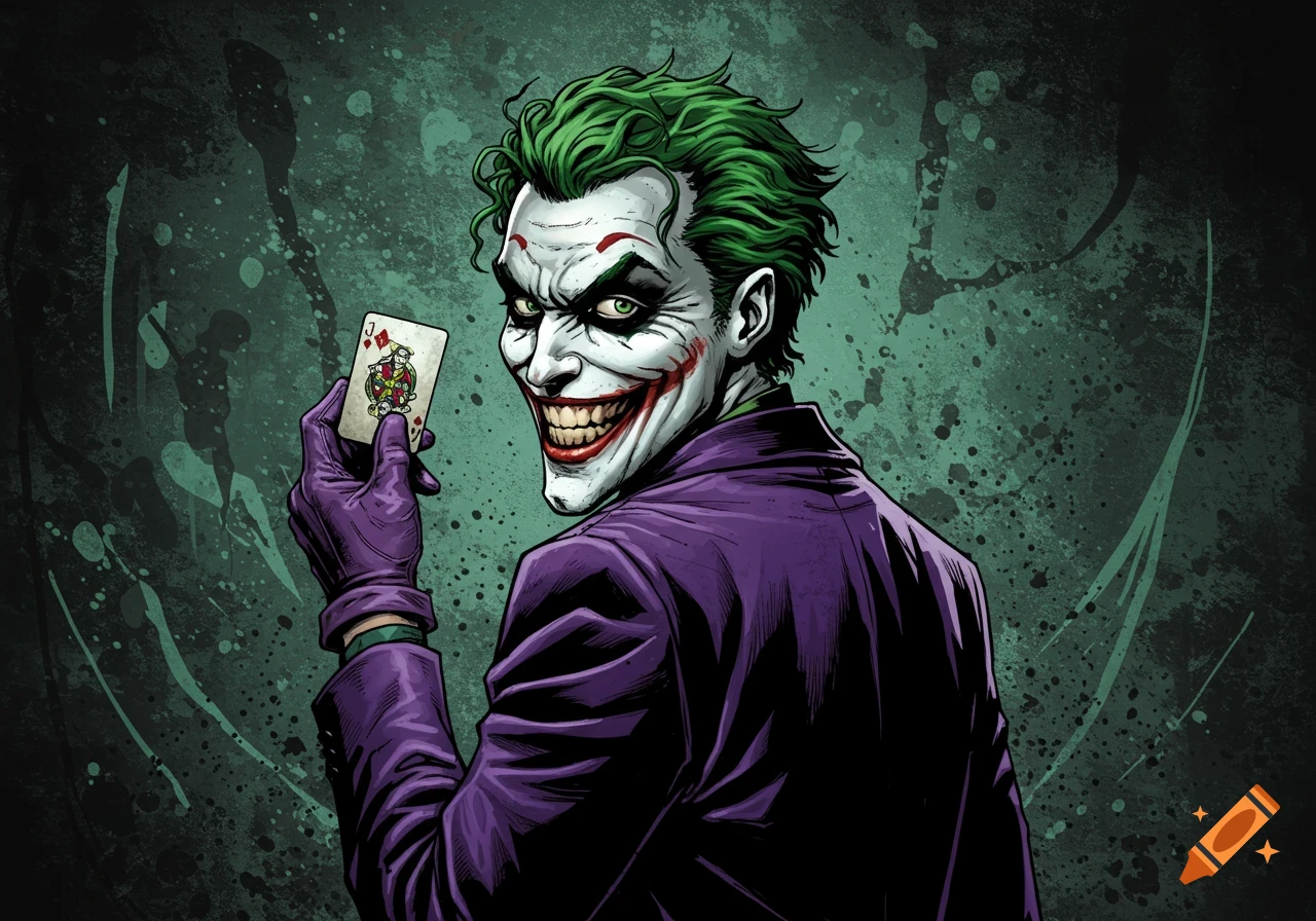 The Joker in purple suit looking over his shoulder, holding a playing card, comic style illustration.