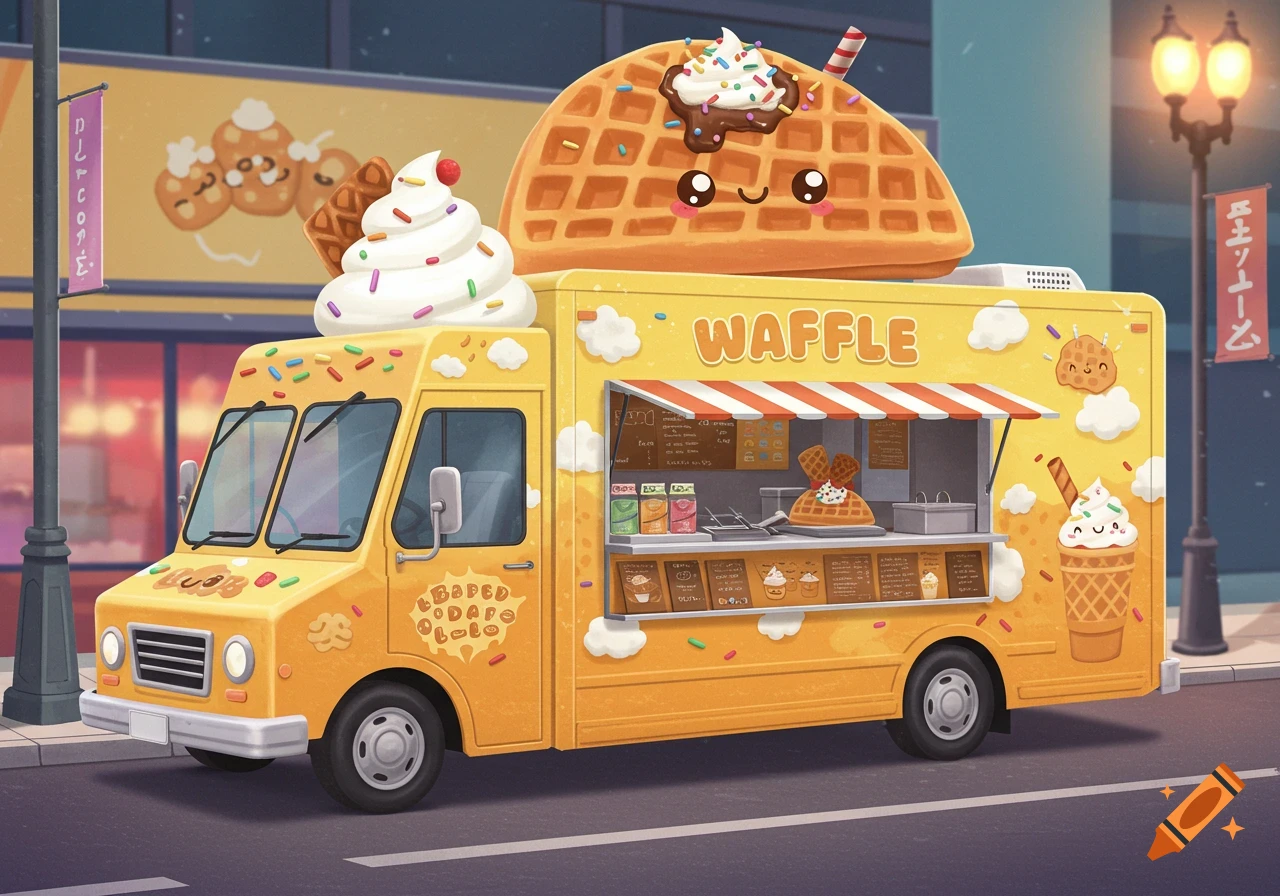 A yellow cartoon food truck with a large smiling waffle on top, selling waffles and ice cream on a street.