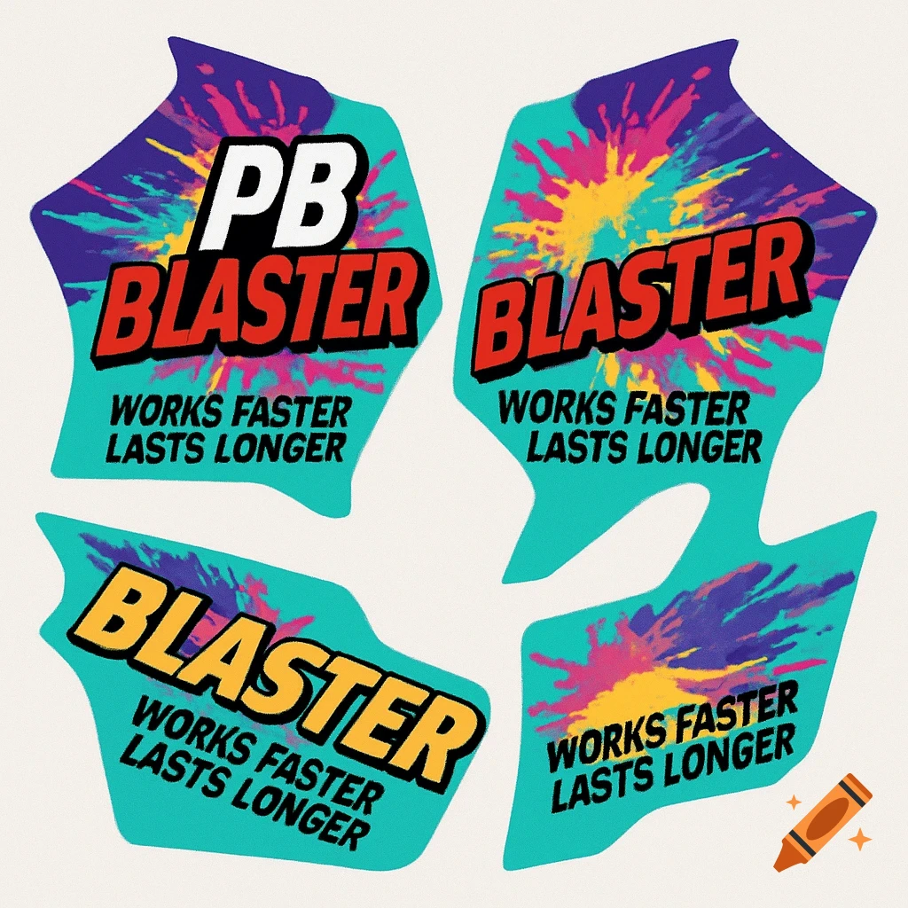 Retro splashy graphic decals with PB BLASTER logo and slogans.