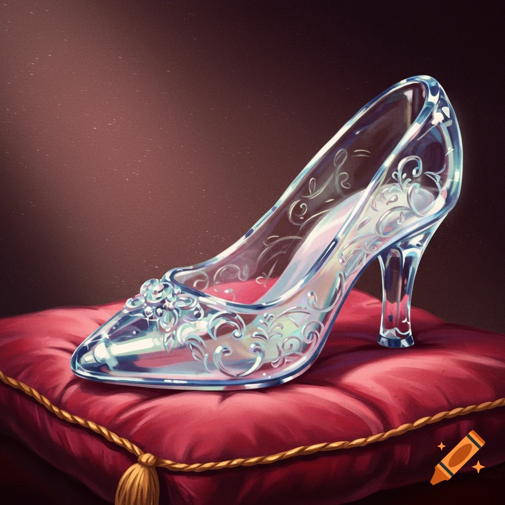 A sparkly glass slipper with decorative swirls rests on a red velvet pillow.