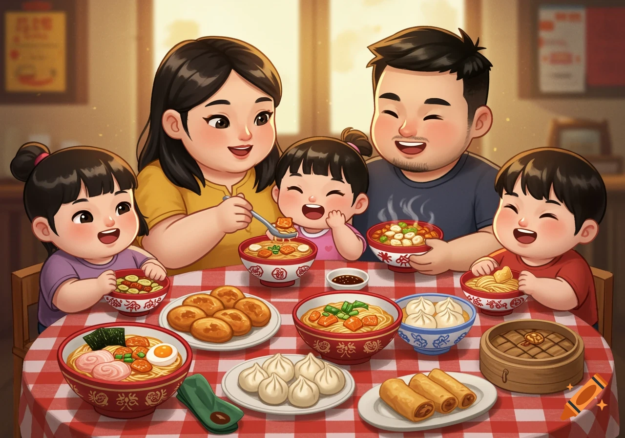 A cartoon illustration of a happy Asian family eating a large meal of various Asian dishes at a table.