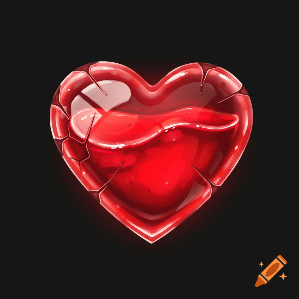 Stylized red glass heart cracked and filled with red liquid on a black background.