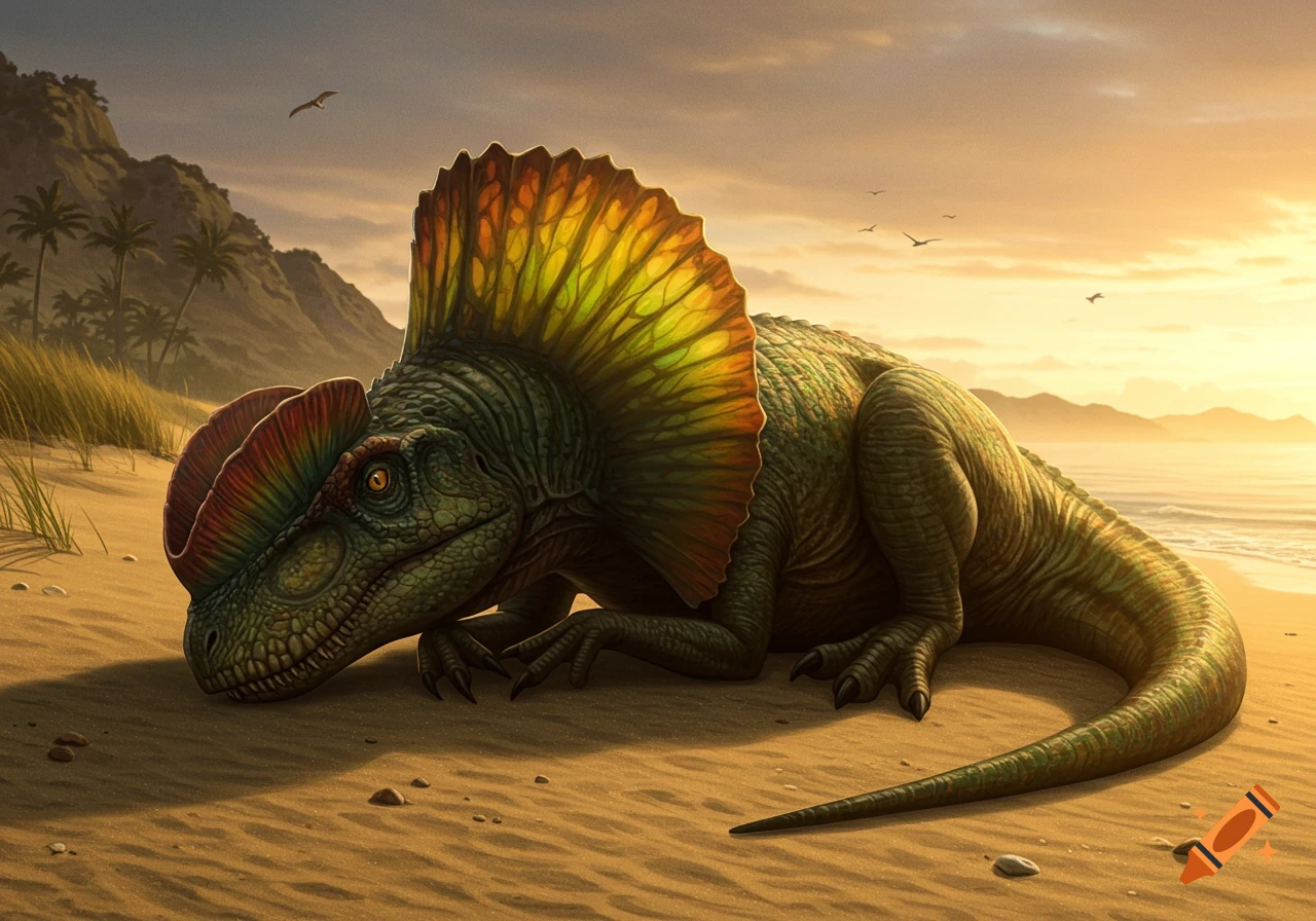 A Dilophosaurus dinosaur resting on a sandy beach at sunset.