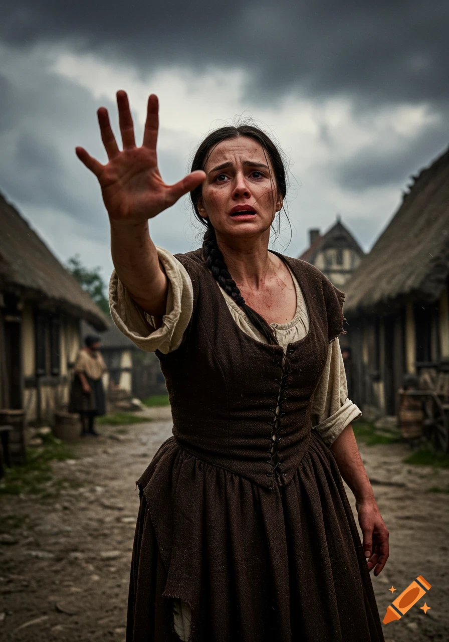 A woman in 1600s clothing reaches out with a distressed expression in a village street.