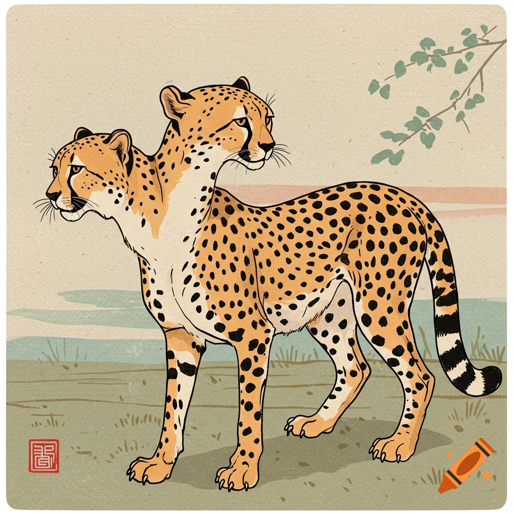 Illustration of a two-headed cheetah standing in a landscape, in Japanese woodblock style.