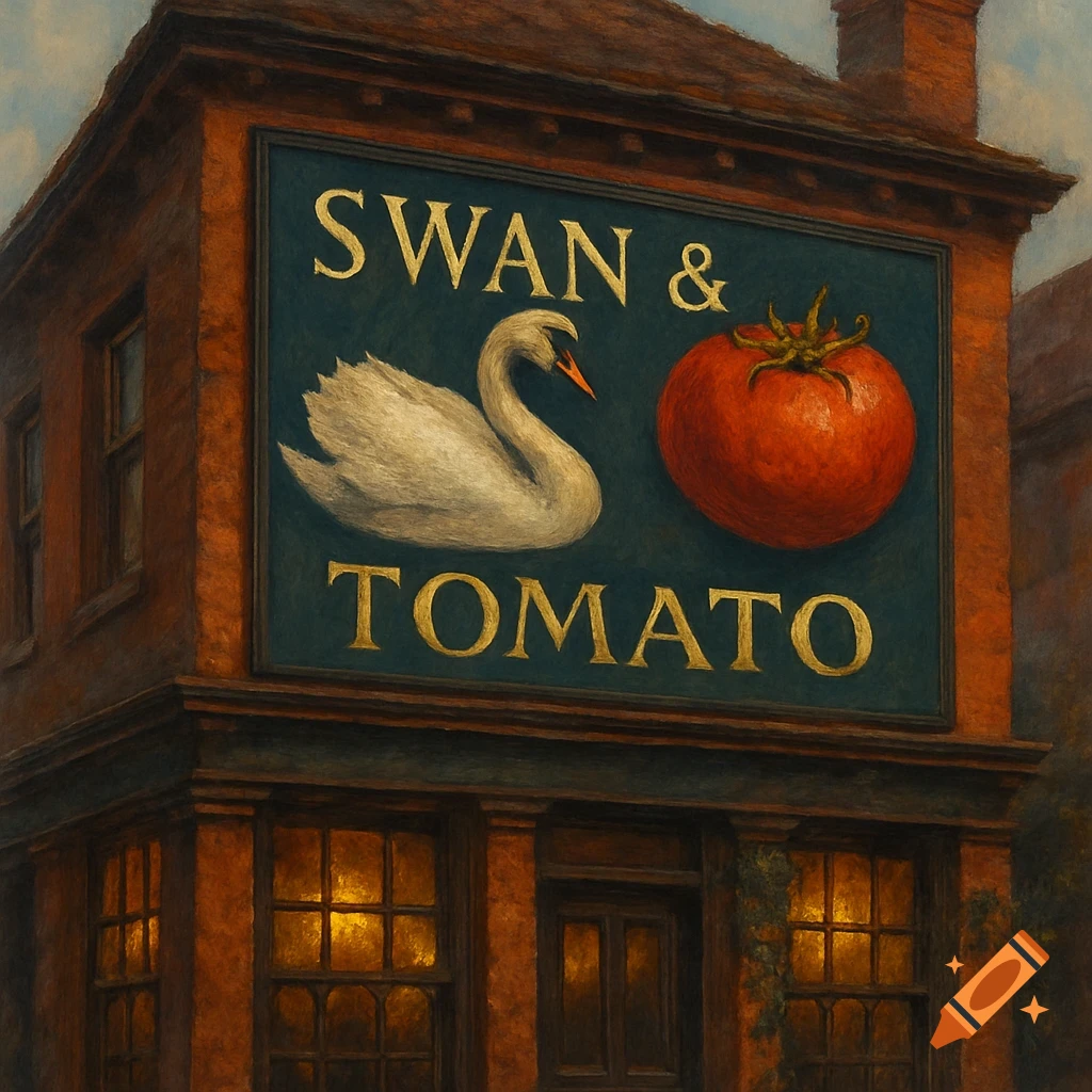 A painted sign on a brick pub building shows a white swan, a red tomato, and the words SWAN & TOMATO.