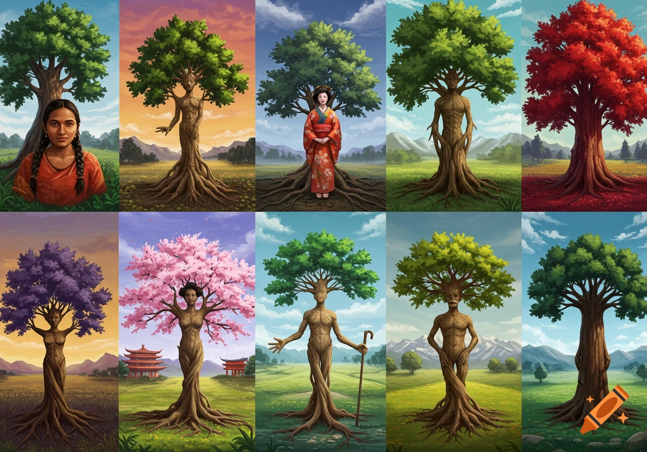 Illustrations of diverse people and tree-like creatures in landscapes.