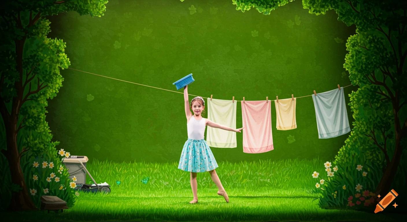 A young girl stands in a lush green yard with laundry hanging on a clothesline.