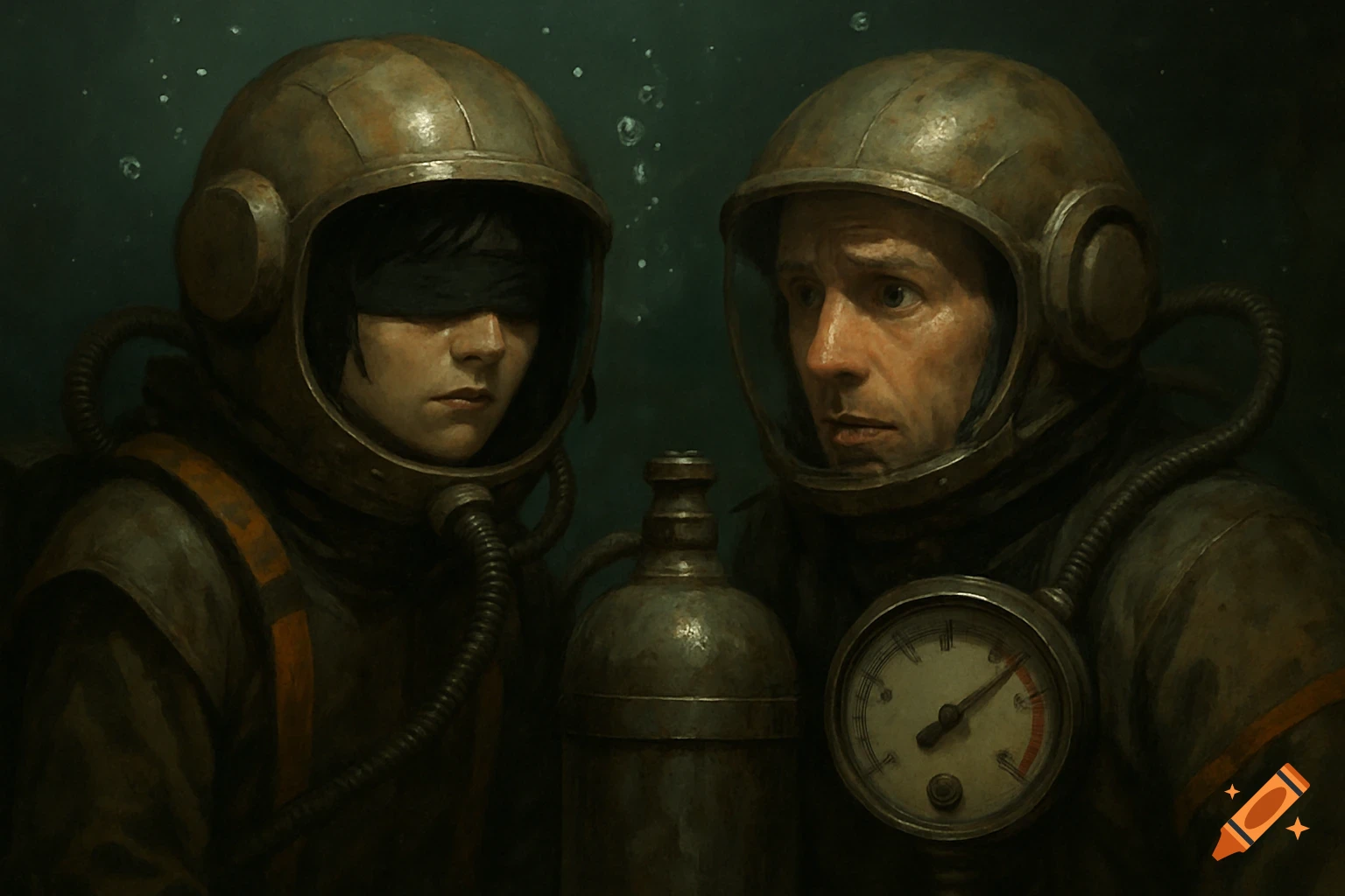 Two people in old diving suits underwater, one blindfolded, with oxygen tank and gauge. Painterly style.