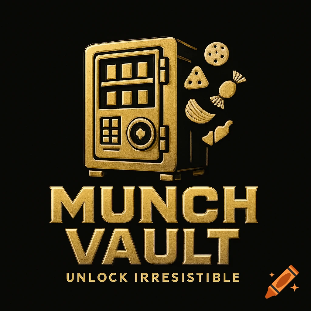 Golden vault styled vending machine logo with snacks spilling out and 'Munch Vault Unlock Irresistible' text on black background.