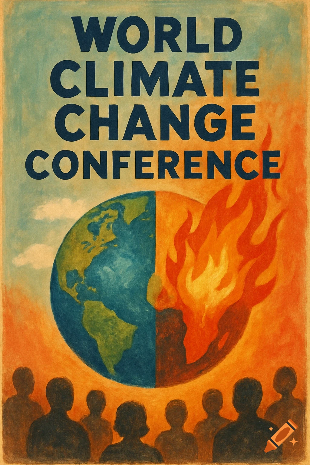 Poster depicting a world globe split between a healthy earth and one consumed by fire, with silhouettes of people below. Text reads 'WORLD CLIMATE CHANGE CONFERENCE'.