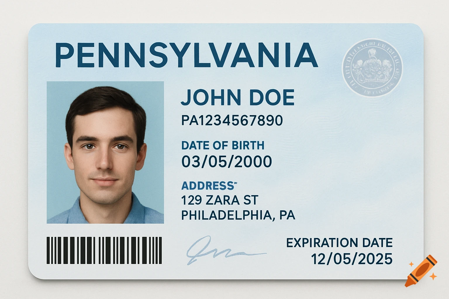 A photorealistic Pennsylvania driver's license with a photo of a man.