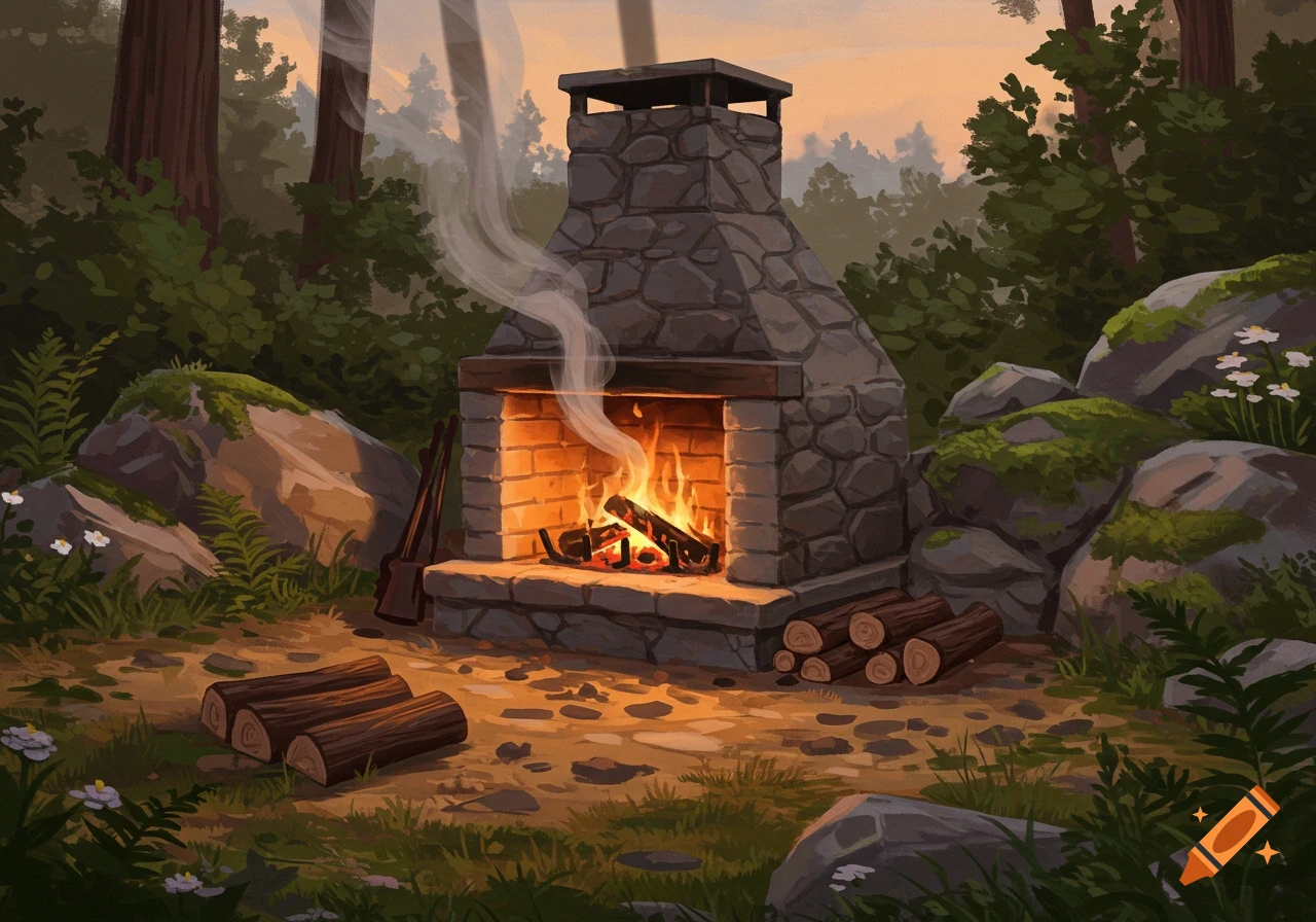 A digital painting of a stone outdoor fireplace with a fire burning, surrounded by forest and rocks.